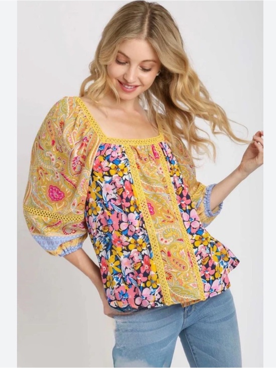 Umgee Tops - Umgee Boho Floral Paneled Peasant Top Sz S